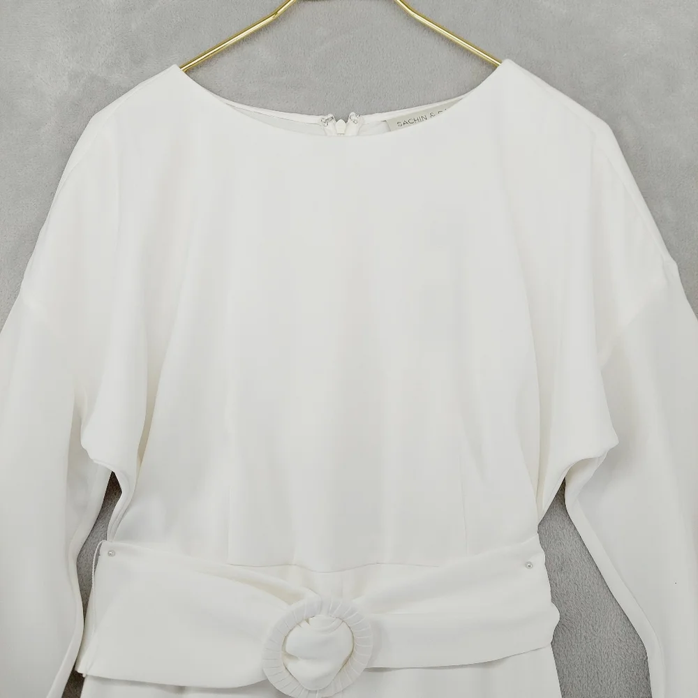 New Sachin & Babi Annie  White Crepe Sheath Belt & Blouson Sleeves Dress P4520 - Picture 6 of 11